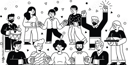 People gathered together celebrating with music, dancing and playing instruments in a lively atmosphere wqe (574)