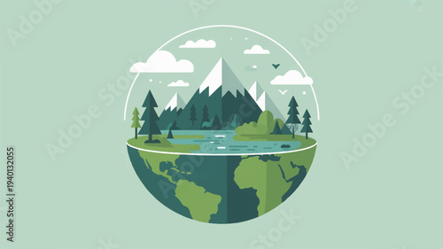Eco friendly earth globe with lush green forest mountains and lake inside a transparent sphere on a light green background symbolizing environmental conservation and sustainability
