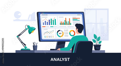 Analyst working on computer with financial charts and graphs, business data analysis