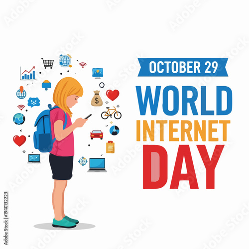 Young girl using smartphone surrounded by internet icons.