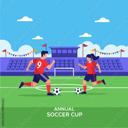 Two soccer players competing in a soccer match on a green field.