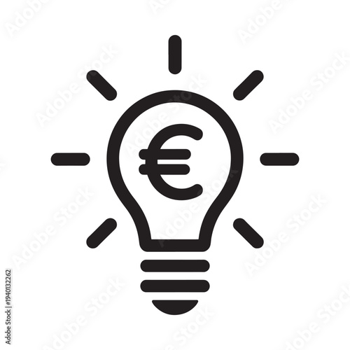 A black outline of a lightbulb containing the euro symbol with radiating lines