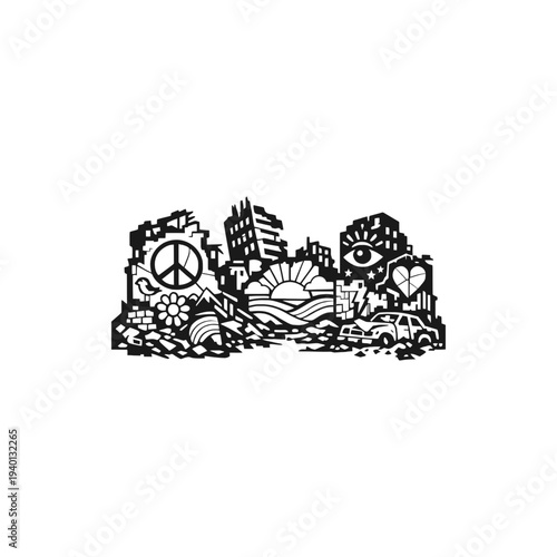Graphic illustration symbolizing urban regeneration and contrast, depicting city ruins intertwined with peace, nature's growth, and a watchful eye representing hope and renewal amidst destruction