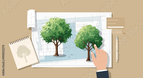 Architectural drawing of trees and landscape design, planning green spaces
