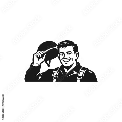 Vintage-inspired graphic featuring a smiling man, possibly an aviator or technician, with a helmet in hand, conveying readiness, expertise, and a welcoming attitude