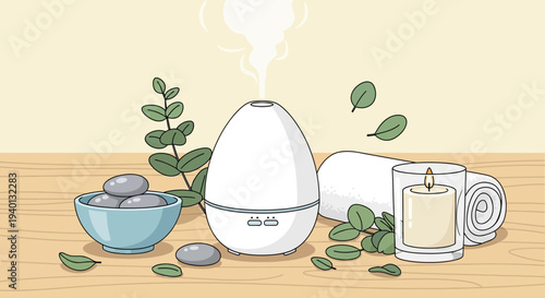 Aromatherapy diffuser with essential oils, candle, stones, and eucalyptus leaves for spa relaxation