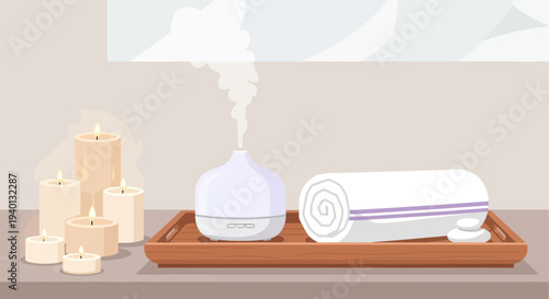 Aromatherapy diffuser with candles and rolled towel on wooden tray, spa relaxation concept