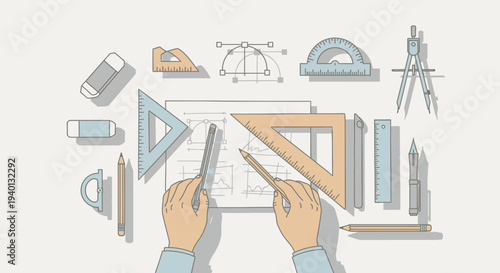 Architectural Drawing Tools and Hands Sketching Blueprint on Table