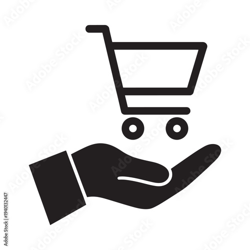 A black silhouette depicting a hand holding a shopping cart icon