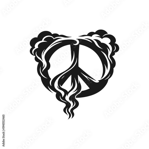 Powerful illustration of a peace symbol emerging from a cloud of smoke, representing a desire for universal calm and the struggle for a better world