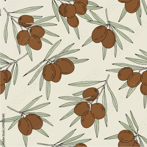 Seamless pattern of ripe olives on branches with leaves.