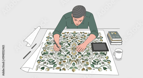 Artist drawing intricate floral pattern on large paper with digital tablet and coffee