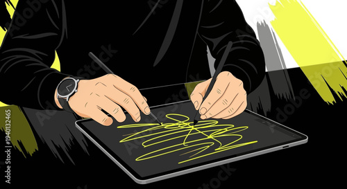 Artist drawing on digital tablet with stylus, creative process, digital art creation
