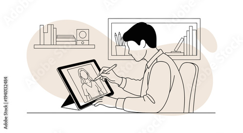 Artist drawing on tablet, creative process, digital art, illustration, workspace