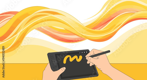 Artist drawing on graphic tablet with stylus, abstract yellow background