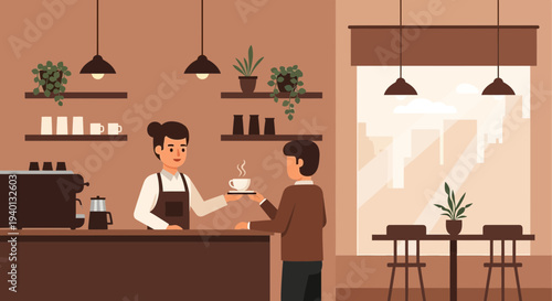 Barista serving coffee to customer at counter in cozy cafe interior with plants