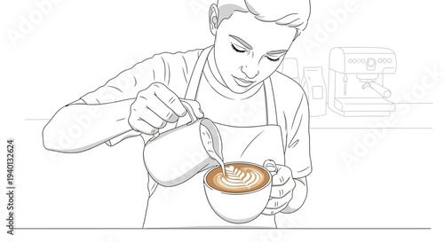 Barista pouring latte art into a coffee cup, close-up, skilled hands creating foam design