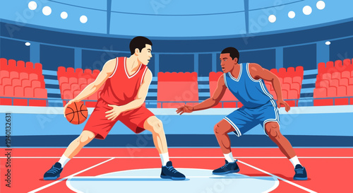 Basketball players in action on court, competitive sport, dynamic game