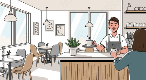 Barista serving coffee to customer in a modern cafe interior with natural light