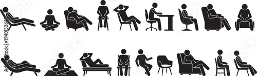 People sitting and relaxing silhouettes set, man woman resting poses on chair sofa vector collection