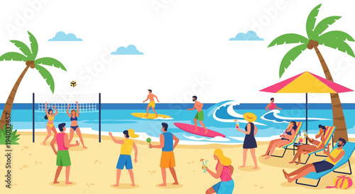 Beach vacation fun: people playing volleyball, surfing, relaxing under palm trees