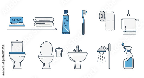 Bathroom Icons Set: Toilet, Sink, Shower, Soap, Toothbrush, Toilet Paper, Towels