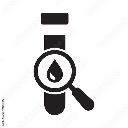 A black silhouette of a test tube with a magnifying glass examining liquid