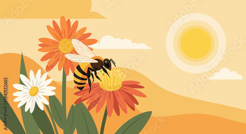 Bee collecting nectar from a vibrant orange flower in a sunny meadow with daisies