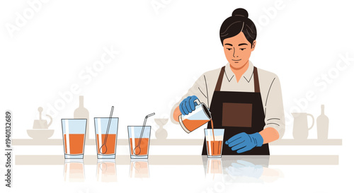 Bartender pouring orange juice into glass, preparing drinks at bar counter with glasses and jugs