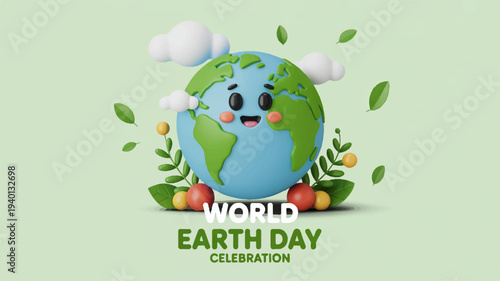 Happy cartoon earth with smiling face celebrates earth day surrounded by leaves and fruits on green background