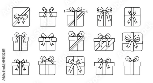 Collection of 15 Hand-Drawn Gift Boxes with Ribbons and Bows, Isolated on White Background