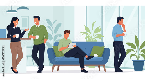 Colleagues on a coffee break in a modern office, discussing work and relaxing