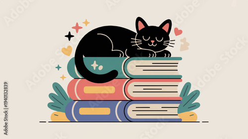 Black cat resting on a stack of colorful books with leaves and hearts around cozy reading concept