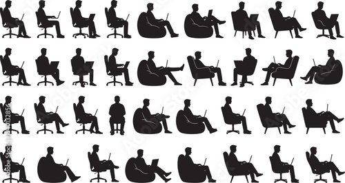 People working on laptop silhouettes set, remote workers sitting chairs using computer, modern office work vector collection