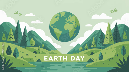 Earth day illustration with green landscape mountains trees lake and globe symbolizing environmental conservation and sustainability