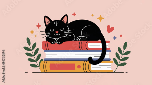 Black cat sleeping on stack of colorful books with leaves and hearts around peaceful reading concept