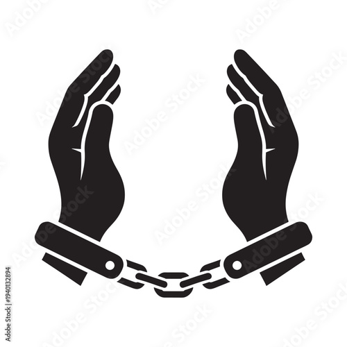 Black silhouette of hands cuffed with a metal chain symbolizing restraint
