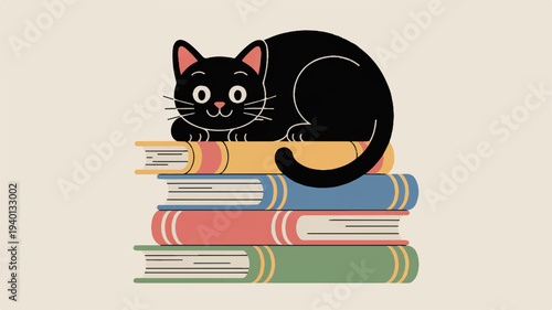 Black cat sitting on stack of colorful books reading learning and relaxation concept cute animal illustration