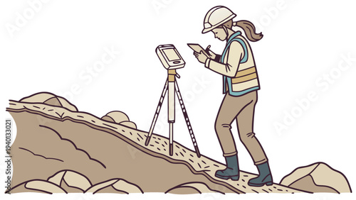 Female Land Surveyor with Total Station and Clipboard, Hillside Fieldwork, Full-body colored line art of a female land surveyor in a hard hat and vest, standing on a rocky slope, using a total station