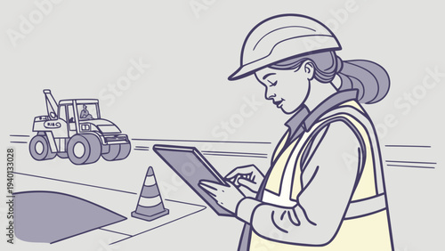 Woman Construction Supervisor on Road Project Vector Art, A focused woman in a yellow hard hat and safety vest uses a tablet while standing near a paved road surface. In the background, a large double
