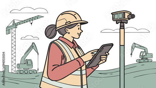 Smiling Woman Manager On Busy Construction Site Vector Art, A happy, smiling woman with a grey ponytail, wearing a beige hard hat and yellow-orange safety vest over an orange shirt, uses a tablet comp