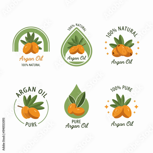 Argan Oil Labels Set Natural Pure Cosmetic Ingredient.