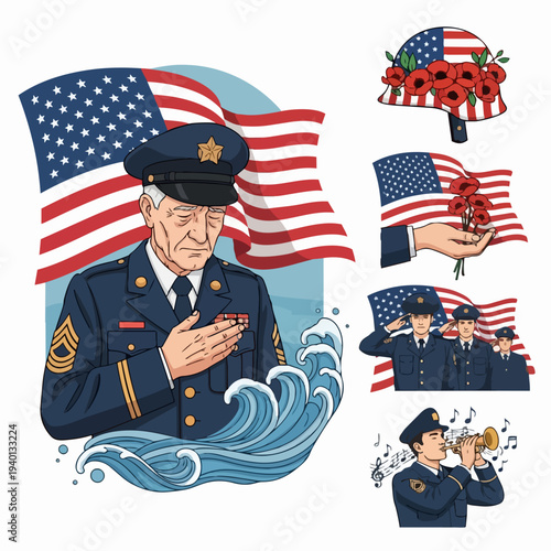 Patriotic veteran honored with American flag and poppies.