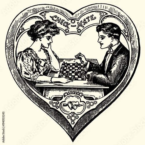 Vintage Couple Playing Chess Inside Heart Shape Frame, Romantic Checkmate Game, Victorian Era Romance
