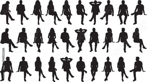 Sitting people silhouettes collection, men and women seated poses relaxation waiting characters, human posture vector illustration set