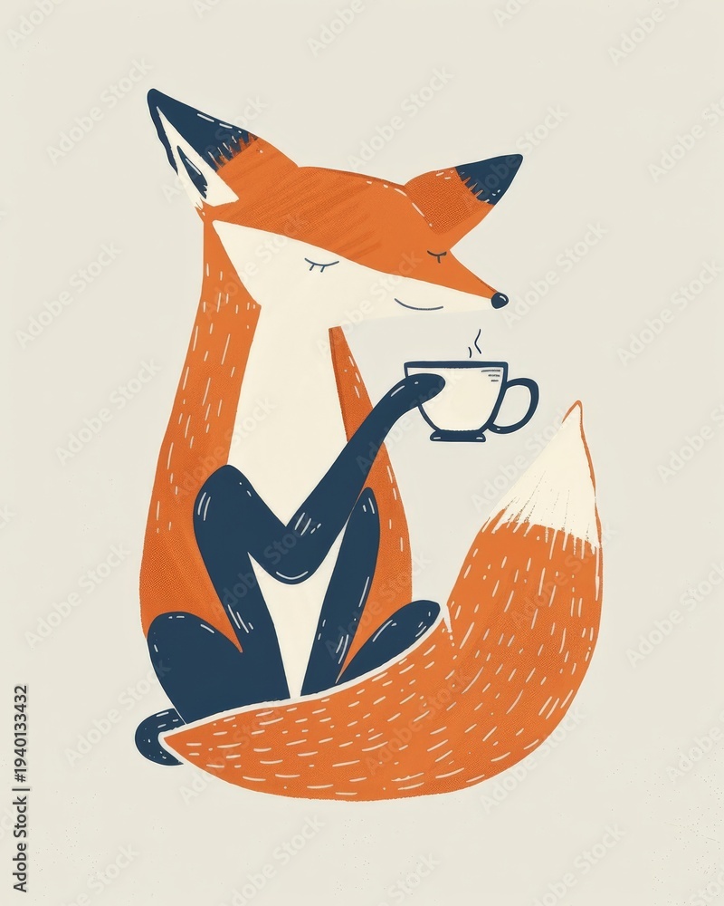 Fototapeta premium a fox drinking tea - minimalist naive folk illustration