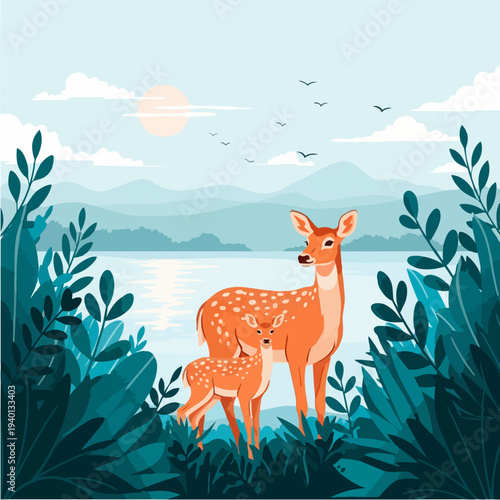 Mother deer and fawn in a lush forest landscape.
