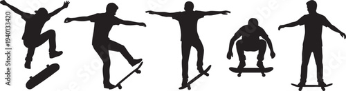 Skateboarder silhouettes performing tricks, skateboard jumping balancing stunt actions, extreme sport skater activity vector illustration set