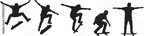 Skateboarder silhouettes performing tricks, jumping ollie and balancing actions, street skateboarding extreme sport vector illustration set
