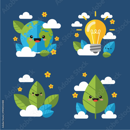 Cute cartoon earth light bulb and leaves with happy faces.
